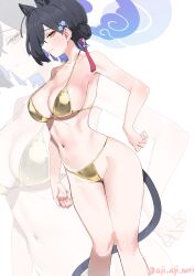 1girl aji_aji_nori animal_ears bare_arms bikini black_hair blue_archive blue_hair blue_halo breasts closed_mouth colored_inner_hair feet_out_of_frame gold_bikini halo highres kaguya_(blue_archive) large_breasts looking_at_viewer multicolored_hair navel panther_ears panther_girl panther_tail short_hair solo stomach swimsuit tail white_background yellow_eyes zoom_layer