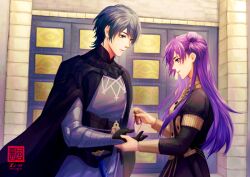 1boy 1girl armor armored_gloves black_armor black_cape black_gloves black_hair blue_eyes cape commentary commission english_commentary female_shez_(fire_emblem) fire_emblem fire_emblem:_three_houses fire_emblem_warriors:_three_hopes garreg_mach_monastery_uniform gloves hair_bun holding_hands long_hair male_byleth_(fire_emblem) nintendo purple_hair rezzyfa short_hair single_side_bun standing