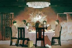 1girl 5boys ahoge axis_powers_hetalia back black-framed_eyewear black_eyes black_hair black_necktie black_shirt black_shoes bottle bowl brown_jacket brown_pants brown_sweater chair china_(hetalia) chopsticks closed_eyes closed_mouth collared_shirt dress flower food formal_clothes full_body glasses grey_jacket grey_pants grey_shirt hair_flower hair_ornament hand_on_own_face hand_up handkerchief holding holding_bowl holding_chopsticks holding_spoon hong_kong_(hetalia) huge_ahoge indoors jacket japan_(hetalia) juliet_sleeves kettle korea_(hetalia) long_hair long_sleeves looking_at_another macau_(hetalia) multiple_boys necktie on_chair open_mouth package pants plate puffy_sleeves purple_jacket red_dress red_flower red_pants red_rose red_shirt rice rose semi-rimless_eyewear shadow shirt shoes short_hair sitting smile spoon suda_(isudayo) suit suit_jacket sweater table taiwan_(hetalia) tan v-shaped_eyebrows white_flower white_rose white_shirt