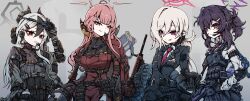 absurdres aru_(blue_archive) belt black_belt black_gloves black_hair black_jacket black_pants black_thighhighs black_vest blue_archive breasts coat covered_navel demon_girl demon_horns fabarm_fp6 garter_belt gloves grey_background grey_hair grey_halo gun gun_on_back h&amp;k_mg5 h&amp;k_psg1 hair_between_eyes halo haruka_(blue_archive) haruka_(suit)_(blue_archive) highres horns jacket kayoko_(blue_archive) large_breasts light_machine_gun long_hair looking_at_viewer machine_gun military military_operator multicolored_hair mutsuki_(blue_archive) necktie pants pointy_ears problem_solver_68_(blue_archive) pump_action purple_eyes purple_hair purple_halo purple_necktie red_coat red_eyes red_hair red_halo red_necktie rifle shirt shotgun simple_background small_breasts sniper_rifle thighhighs thighs two-tone_hair vest weapon weapon_on_back white_hair white_shirt yukiyuki_(yukiyukimac4260)