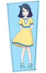 1girl arms_behind_back black_hair blue_eyes closed_mouth collared_dress cowlick creatures_(company) dress full_body game_freak green_shoes hair_ornament hairclip highres kanno_0v0 liko_(pokemon) looking_at_viewer medium_hair nintendo pokemon pokemon_(anime) pokemon_horizons shoes short_sleeves smile socks solo standing swept_bangs twitter_username white_socks yellow_dress