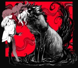 Rule 34 | 2boys, animal ears, bridal gauntlets, commentary, demi (dizzyspells), dizzyspells, dual persona, english commentary, highres, horns, human head, long hair, looking at another, male focus, multiple boys, off shoulder, original, red background, sharp teeth, teeth, thighhighs, trap