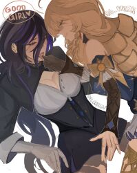2girls artist_name black_corset black_gloves black_pantyhose blonde_hair blush breasts cleavage clorinde_(genshin_impact) commentary corset english_commentary genshin_impact gloves highres holding_another&#039;s_tongue large_breasts long_hair multiple_girls navia_(genshin_impact) pantyhose parted_lips purple_eyes purple_hair rozen_(og_rozen) simple_background single_glove smile spread_legs tongue tongue_out torn_clothes torn_pantyhose white_background white_gloves yuri