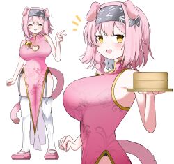 1girl :d ^_^ absurdres alternate_costume animal_ears arknights bare_arms bare_shoulders black_bow black_hairband blush bow braid breasts bright_pupils cat_ears cat_girl cat_tail china_dress chinese_clothes cleavage cleavage_cutout closed_eyes clothing_cutout dress facing_viewer floral_print floral_print_dress garter_belt goldenglow_(arknights) hair_bow hairband heart_cutout highres holding large_breasts looking_at_viewer medium_hair multiple_views notice_lines open_mouth pink_hair pink_tail print_dress rose_print simple_background single_braid sleeveless sleeveless_dress smile spam_(spamham4506) standing tail thighhighs v white_background white_pupils white_thighhighs yellow_eyes