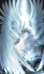 1girl absurdres amatsuki_rei bad_id bad_pixiv_id commentary_request dragon fantasy hat highres multiple_wings original signature staff wings witch witch_hat yellow_eyes