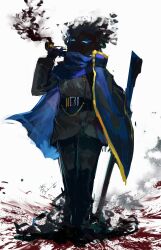 1boy aoruuto black_fire black_pants black_shirt blood blue_cape blue_eyes blue_scarf blue_sclera cape colored_sclera der_freischuetz_(project_moon) fire flaming_eyes flaming_head gold_trim gun highres holding holding_weapon lobotomy_corporation long_sleeves looking_at_viewer male_focus pants project_moon rifle scarf shirt simple_background smoking_pipe solo standing upper_body weapon white_background