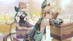 Rule 34 | 2girls, ;p, ahoge, animal ear fluff, animal ears, arm rest, armpits, arms up, back bow, blonde hair, bow, box, braid, breasts, brown hair, cardboard box, cat ears, cat girl, cat tail, center opening, closed mouth, cup, day, detached sleeves, floating hair, genshin impact, gloves, green eyes, grey hair, hair bow, highres, holding, holding cup, jelmul, kirara (genshin impact), leaning forward, leotard, light brown hair, long hair, long sleeves, looking at viewer, looking up, low ponytail, lynette (genshin impact), medium breasts, multicolored hair, multiple girls, multiple tails, nekomata, one eye closed, outdoors, pantyhose, parted bangs, ponytail, side braid, sitting, smile, tail, tongue, tongue out, two-tone hair, two side up, two tails, v-shaped eyebrows