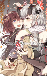 Rule 34 | ;d, ahoge, arms around neck, blush, color-les, commentary, dragon girl, dragon horns, english commentary, falling petals, fingernails, highres, horns, hug, mage and demon queen, malori crowett, official art, one eye closed, open mouth, petals, pointy ears, red nails, small sweatdrop, smile, tsundere, velverosa