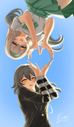Rule 34 | 2girls, absurdres, black shirt, blue background, blue pupils, blush, bosshi, bow, bowtie, chain, chain necklace, eidis scarlet, finger heart, firefly (honkai: star rail), frilled shirt, frills, gradient eyes, green bow, green bowtie, green hairband, green skirt, grey hair, hair between eyes, hair intakes, hairband, highres, honkai: star rail, honkai (series), jewelry, lock, long sleeves, multicolored eyes, multiple girls, necklace, open mouth, pleated skirt, shirt, signature, simple background, skirt, smile, stelle (honkai: star rail), striped sleeves, teeth, trailblazer (honkai: star rail), twitter username, upper teeth only, white shirt, yellow eyes