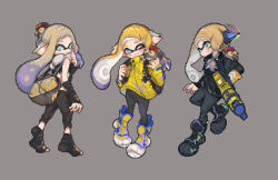 1girl agent_3_(splatoon_3) arm_wrap backpack bag black_bag black_jacket black_pants black_shirt black_shoes blonde_hair blue_eyes braid choker commentary_request crop_top foot_wraps full_body grey_background grey_choker headgear hero_shot_(splatoon_3) holding holding_weapon inkling jacket midriff multicolored_hair multiple_views nekoolantern nintendo one_eye_closed pants pixel_art pointy_ears purple_hair salmonid shirt shoes single_braid smallfry_(splatoon) smile splatoon_(series) splatoon_3 standing toeless_legwear weapon yellow_jacket yellow_shoes