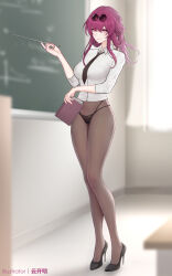1girl alternate_costume artist_name black_necktie black_panties black_pantyhose black_shoes blurry blurry_background book breasts chalkboard classroom closed_mouth collared_shirt commentary eyewear_on_head full_body glasses hashtag-only_commentary high_heels highres holding holding_book honkai:_star_rail honkai_(series) indoors kafka_(honkai:_star_rail) large_breasts long_hair looking_at_viewer nail_polish necktie no_pupils paid_reward_available panties panties_over_pantyhose pantyhose pince-nez pumps purple_eyes purple_hair purple_nails round_eyewear shirt shirt_tucked_in shoes smile solo standing sunglasses teacher underwear white_shirt yunkaiming