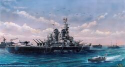 absurdres aircraft airplane battleship boat cannon cloud cloudy_sky crowd highres historical_event military_vehicle ocean original scenery ship sky united_states_navy uss_missouri_(bb-63) vehicle_focus victory_over_japan_day vortex_(xu_xuanwo) warship watercraft world_war_ii