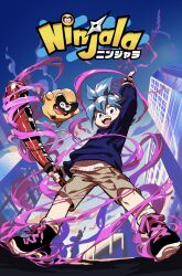 2boys absurdres ankle_boots aqua_eyes aqua_hair backwards_hat bandaid bandaid_on_face bandaid_on_nose baseball_cap black_boots black_outline blue_hood blue_hoodie blue_sky blue_sleeves boots brown_sandals brown_shorts building cargo_shorts chewing_gum child city cloud commentary_request copyright_name corocoro_comic cover double_helix facial_scar fingerless_gloves from_below gloves gradient_sky gumchi hat helix highres holding holding_weapon hood hood_down hoodie ippon_katana kappei_(ninjala) kuji-in kushabiria lace-up_boots logo logo_print looking_at_viewer multiple_boys ninjala official_art one_eye_closed outdoors outline ribbed_shirt ribbed_socks sandals scar scar_on_cheek scar_on_face shirt short_hair shorts shuriken sky socks statue_of_liberty striped_clothes striped_shorts tabi teeth tongue triangle_print tube_socks undershirt upper_teeth_only weapon white_hat white_shirt white_socks white_undershirt zouri