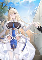 1girl 1nstill absurdres azur_lane blonde_hair blue_eyes breasts day dress fleur-de-lis framed_breasts gloved_sleeves gloves gold_trim highres juliet_sleeves large_breasts long_hair long_sleeves on_stairs outdoors painleve_(azur_lane) pantyhose puffy_sleeves solo_focus very_long_hair white_dress white_gloves white_pantyhose