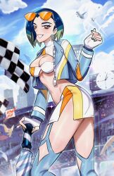 1girl bandeau blue_hair blue_jacket blue_thighhighs blush bob_cut breasts brown_eyes checkered_flag cleavage clock crop_top cropped_jacket earrings eyewear_on_head fingerless_gloves flag garchomp gen_3_pokemon gen_4_pokemon gloves gradient_hair holding holding_umbrella jacket jewelry latias latios legendary_pokemon long_sleeves medium_breasts midriff multicolored_hair nintendo open_clothes open_jacket perrin_(pokemon) pokemon pokemon_sv race_queen ryairyai short_hair skirt smile stomach sunglasses thighhighs umbrella white_gloves white_skirt