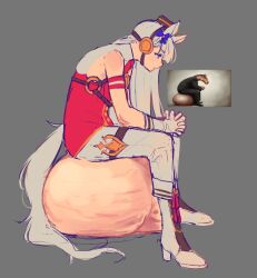 Rule 34 | 1futa, animal ears, blue bow, blunt bangs, boots, bow, brown hat, commentary, dress, ear bow, english commentary, from side, futanari, gigantic testicles, gloves, gold ship (umamusume), grey background, grey boots, grey gloves, grey hair, grey pants, hat, high heel boots, high heels, highres, horse ears, horse girl, horse tail, huge testicles, interlocked fingers, jess (p2eocene), long hair, o-ring, own hands together, pants, photo-referenced, pillbox hat, purple eyes, red dress, red shirt, reference inset, shirt, simple background, sitting, sleeveless, sleeveless dress, sleeveless shirt, solo, tail, testicles, umamusume, white boots, white gloves, white hair
