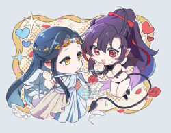 2boys ahoge alternate_costume ancient_greek_clothes angel angel_and_devil angel_wings armband bare_arms bare_legs bare_shoulders bikini black_bikini black_hair black_horns black_shirt black_shorts black_socks black_tail black_wings blush bound bound_wrists chibi chibi_only circlet closed_mouth crop_top crossdressing dated demon demon_boy demon_horns demon_tail demon_wings dot_mouth feathered_wings feathers flower full_body greco-roman_clothes hair_ribbon heart holding holding_ribbon horns kimako_(kimako_8) lan_wangji long_hair looking_at_another male_focus midriff modao_zushi multiple_boys open_mouth pointy_ears ponytail red_eyes red_flower red_ribbon red_rose ribbon ribbon_bondage robe rose sash shirt short_shorts shorts sidelocks sleeveless sleeveless_shirt smile socks sparkle stirrup_legwear sweatdrop swimsuit tail toeless_legwear trap twitter_username watermark wei_wuxian white_feathers white_ribbon white_robe white_wings wings yaoi yellow_eyes