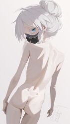 1girl absurdres ass back blue_eyes colored_eyelashes completely_nude deux_murasame gundam gundam_gquuuuuux hair_bun highres long_hair looking_at_viewer looking_back mask mouth_mask nude sidelocks single_hair_bun solo sui_yamami thighs white_eyelashes white_hair