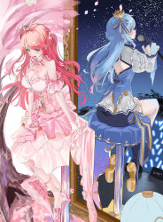 2girls absurdres ahoge anklet ass back-to-back back_cutout bare_shoulders blue_bow blue_footwear blue_hair blue_shorts blue_skirt blue_vest blush boots bow braid breasts cherry_blossoms choker cleavage cleavage_cutout clothing_cutout concert cross-laced_clothes cross-laced_dress crown detached_sleeves dress falling_petals flower frilled_choker frilled_dress frilled_gloves frills full_body glass_slipper gloves glowstick green_eyes hair_bow hair_bun hair_flower hair_ornament hairclip half-skirt hand_on_own_thigh hand_rest hand_up high_heels highres holding holding_microphone holding_microphone_stand hololive hoshimachi_suisei hoshimachi_suisei_(stellar_into_the_galaxy) idol jewelry juliet_sleeves large_breasts layered_dress long_hair long_sleeves looking_at_another microphone microphone_stand mini_crown multiple_girls official_alternate_costume on_chair open_mouth penlight_(glowstick) petals pink_bow pink_choker pink_dress pink_hair puffy_short_sleeves puffy_sleeves sakura_miko sakura_miko_(flower_fantasista!) short_sleeves shorts shrug_(clothing) sidelocks sitting skirt skirt_hold sky smile stage star_(sky) starry_sky tanishi_(hetianming11093) thigh_boots tiara tilted_headwear tree two_side_up vest virtual_youtuber white_gloves white_shrug