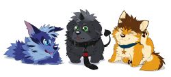 3boys amduscias_(housamo) animal_ears animalization arashi_takemoto baby_animal barrel_(live_a_hero) black_fur blue_fur brown_fur chibi closed_eyes closed_mouth collar commentary dog dog_ears dog_nose dog_tail english_commentary floppy_ears furry furry_male highres horns live_a_hero looking_at_another looking_to_the_side male_focus multiple_boys open_mouth puppy scratching_head single_horn smile tail tindalos_(housamo) tokyo_houkago_summoners tongue tongue_out white_background