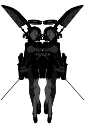 2girls breasts closed_eyes closed_mouth commentary_request dress glaive_(polearm) greyscale hair_between_eyes halo holding holding_polearm holding_weapon jukai-chan kantai_collection long_sleeves mechanical_halo medium_breasts monochrome multiple_girls polearm rigging simple_background symmetry tatsuta_(kancolle) weapon