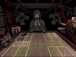 Rule 34 | 1boy, buckshot roulette, cable, cigarette pack, closed eyes, cry of fear, cuffs, fanomilov, grey hoodie, gun to mouth, handcuffs, hood, hood up, hoodie, imminent suicide, loose wires, male focus, open mouth, simon henriksson, sitting, solo, stage lights, table, teeth, upper body, upper teeth only