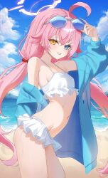 1girl absurdres adjusting_eyewear ahoge beach bikini blue-tinted_eyewear blue_archive blue_jacket blush cloud eyewear_on_head frilled_bikini frills from_side hair_bobbles hair_ornament halo hand_on_eyewear heterochromia highres hoshino_(blue_archive) hoshino_(swimsuit)_(blue_archive) huge_ahoge jacket kamkamhan loli looking_at_viewer low_twintails navel official_alternate_costume pink_hair pink_halo sky smile solo sunglasses swimsuit tinted_eyewear twintails white-framed_eyewear white_bikini