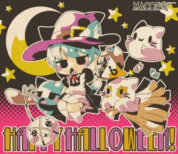1boy :&lt; apron artist_name basket black_background black_dress blobcat blue_hair blush_stickers broom broom_riding candy chibi crescent_moon dress ears_through_headwear food halftone halftone_background halloween happy_halloween hat highres holding holding_basket jitome macop maid_apron male_focus misskey.io misskey.io_logo moon murakami-san_(misskey.io) outline pastel_colors pink_background short_hair solo star_(symbol) trap webp-to-png_conversion white_outline witch_hat wrapped_candy