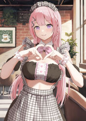 1girl absurdres apron black_tube_top bow bowtie brick_wall cafe commentary_request gibun_(sozoshu) grin heart heart_hands highres indoors long_hair looking_at_viewer maid maid_headdress original parted_lips pink_bow pink_bowtie pink_hair plaid_apron plaid_clothes plaid_headdress smile solo standing strapless tube_top window