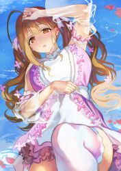 Rule 34 | 1girl, ahoge, alternate hairstyle, arm up, bare shoulders, blush, breasts, brown eyes, brown hair, detached sleeves, dot nose, dress, flower, frilled dress, frills, from above, hand on own head, highres, idolmaster, idolmaster shiny colors, knee up, kuwayama chiyuki, large breasts, long hair, long sleeves, looking at viewer, lying, on back, otsudou, parted lips, petals, petals on liquid, pink dress, pink flower, pink thighhighs, see-through clothes, see-through sleeves, sleeveless, sleeveless dress, solo, thighhighs, twintails, two-tone dress, water, white dress