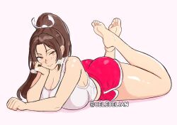 1girl alternate_costume ass bare_arms barefoot blush breasts brown_eyes brown_hair celebelian cleavage closed_mouth dolphin_shorts fatal_fury feet feet_up hair_ornament high_ponytail large_breasts legs long_hair looking_at_viewer lying official_alternate_costume on_stomach parted_bangs ponytail red_shorts shiranui_mai shirt shorts smile soles solo street_fighter street_fighter_6 tank_top the_pose thick_thighs thighs toes white_shirt white_tank_top
