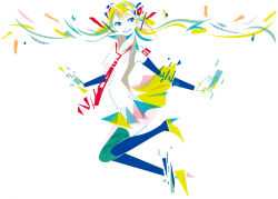 1girl abstract aqua_eyes aqua_hair bare_shoulders black_sleeves black_thighhighs blonde_hair collared_shirt commentary_request detached_sleeves floating_hair hair_ornament hatsune_miku high_heels long_hair looking_at_viewer masking_tape_(medium) mixed_media multicolored_hair necktie red_necktie ryono shirt shoes shoulder_tattoo skirt sleeveless sleeveless_shirt smile solo tattoo thighhighs traditional_media twintails unconventional_media very_long_hair vocaloid white_background white_shirt yellow_shoes yellow_skirt