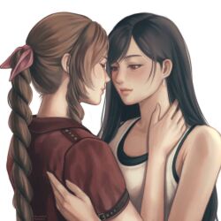 2girls aerith_gainsborough artist_name bare_arms bare_shoulders black_bra bra braid braided_ponytail closed_eyes earrings final_fantasy final_fantasy_vii final_fantasy_vii_remake hair_ribbon hanaflans hand_on_another&#039;s_neck highres jacket jewelry long_hair multiple_girls parted_bangs pink_ribbon red_eyes red_jacket ribbon shirt sidelocks single_braid sleeveless sleeveless_shirt sports_bra swept_bangs tifa_lockhart underwear upper_body white_shirt yuri