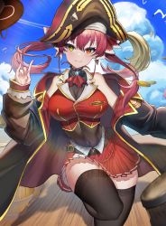 1girl absurdres arrow_through_heart ascot barrel belt bicorne bird black_coat black_hat black_thighhighs blue_sky blush bodystocking breasts brooch brown_belt cleavage closed_mouth cloud cloudy_sky coat coin collar commentary covered_navel day emphasis_lines epaulettes eyepatch floating_hair foot_out_of_frame frilled_collar frills glint gold gold_trim hair_between_eyes hair_ribbon hat heterochromia highres hololive houshou_marine jewelry large_breasts long_hair looking_at_viewer miniskirt off_shoulder open_clothes open_coat outdoors pekoku_(tamago_sushi) pirate_hat pleated_skirt rainbow red_ascot red_eyes red_hair red_ribbon red_skirt red_vest ribbon see-through_clothes see-through_cleavage ship skirt sky sleeveless smile solo standing standing_on_one_leg thick_thighs thighhighs thighs twintails two-tone_skirt unworn_eyepatch vest virtual_youtuber watercraft white_skirt yellow_eyes zettai_ryouiki