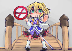 1girl :c arm_warmers blonde_hair bridge commentary_request female_focus green_eyes leg_warmers looking_at_viewer mizuhashi_parsee outstretched_arm outstretched_hand pointy_ears road_sign sash shinapuu shirt sign skirt solo standing touhou