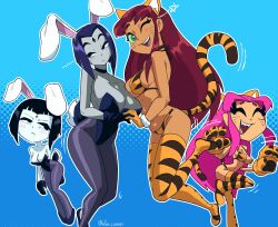 4girls absurdres animal_ears animal_hands animal_print bikini black_hair black_pantyhose blue_choker blue_leotard bob_cut choker colored_sclera dc_comics dual_persona facial_mark fake_animal_ears fake_tail forehead_mark frown fur-trimmed_gloves fur_trim gloves green_eyes green_sclera halftone halftone_background highleg highleg_leotard highres inker_comics leotard multiple_girls one_eye_closed open_mouth orange_bikini outline pantyhose paw_gloves pink_hair playboy_bunny purple_hair rabbit_ears rabbit_tail raven_(dc) red_hair smile star_(symbol) starfire strapless strapless_leotard swimsuit tail teen_titans teen_titans_go! tiger_ears tiger_print twitter_username whisker_markings widow&#039;s_peak