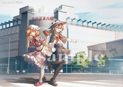 bag black_capelet black_pantyhose black_shoes blonde_hair bow bowtie brown_eyes brown_hair burger capelet coffee dress food full_body furahata_gen hat highres loafers maribel_hearn mary_janes medium_hair mob_cap outdoors pantyhose puffy_short_sleeves puffy_sleeves purple_dress purple_eyes red_bow red_bowtie red_shoes sample_watermark shirt shoes short_hair short_sleeves shoulder_bag standing touhou usami_renko watermark white_hat white_pantyhose white_shirt