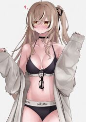 1girl @_@ black_hair black_sports_bra blush brand_name_imitation breasts brown_eyes brown_hair choker closed_mouth commentary hair_ribbon hands_up heart heart_choker highres hololive hololive_english long_hair medium_breasts multicolored_hair nanashi_mumei nanashi_mumei_(emo) navel off_shoulder official_alternate_hairstyle one_side_up ribbon simple_background solo sports_bra sports_panties standing streaked_hair symbol-only_commentary unmeidesu unworn_eyewear virtual_youtuber white_background white_hair