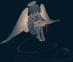 Rule 34 | 1boy, alternate costume, angel wings, arms on knees, black background, bridal legwear, carbuncly, casual, closed eyes, closed mouth, contemporary, degrees of lewdity, feathered wings, full body, genshin impact, greyscale, halo, heart, knees up, male focus, mole, mole under eye, monochrome, scaramouche (genshin impact), shirt, short sleeves, shorts, sitting, smile, solo, stirrup legwear, string, toeless legwear, twitter username, wings