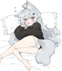 1girl :o ahoge animal_ear_fluff animal_ears bad_id bad_pixiv_id bare_legs barefoot collar fang fenrir_(fenriluuu) grey_hair heart highres hood hoodie long_hair long_sleeves looking_at_viewer lying milestone_celebration no_pants on_side open_mouth original panties pillow red_eyes rir-chan sleeves_past_wrists striped_clothes striped_panties tail underwear wolf_ears wolf_girl wolf_tail