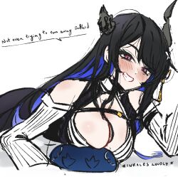 1girl asymmetrical_horns black_hair black_horns blue_hair blush breast_press breasts cleavage colored_inner_hair commentary dress_shirt english_commentary grin hololive hololive_english horns jailbird_(nerissa_ravencroft) large_breasts multicolored_hair nerissa_ravencroft nerissa_ravencroft_(1st_costume) penguin_stamp purple_eyes shirt smile squishing teeth virtual_youtuber white_shirt