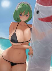 Rule 34 | 1girl, absurdres, bikini, black bikini, blue eyes, blue sky, breast press, breasts, cleavage, closed mouth, commentary, dated commentary, green hair, groin, highres, horizon, huge breasts, inflatable toy, looking at viewer, maid headdress, mimi-chan, moriforest1040, navel, ocean, outdoors, ruukoto, short hair, sky, swimsuit, touhou, touhou (pc-98)