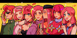 absurdres artist_name black_bra black_choker blue_eyes bob_cut bra breasts capelet cherry_earrings choker cleavage color_connection commentary diamond_wa_kudakenai dress earrings english_commentary fishnet_top fishnets food-themed_earrings food_themed_earrings gakuran hair_bobbles hair_color_connection hair_ornament hairband highres hirose_yasuho horned_hat hot_pants_(sbr) huyandere jewelry jojo_no_kimyou_na_bouken jojolion kakyoin_noriaki letterboxed medium_breasts narciso_anasui outside_border pink_capelet pink_dress pink_eyes pink_hair purple_sweater school_uniform short_hair signature sparkle sparkling_aura stardust_crusaders steel_ball_run stone_ocean sugimoto_reimi sunglasses sweater trish_una turtleneck turtleneck_sweater underwear vento_aureo vinegar_doppio yellow_hairband