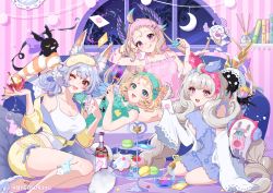Rule 34 | 3others, 4girls, :3, absurdly long hair, ahoge, aloupeep (enna alouette), animal ears, bird girl, black cat, blonde hair, blue hair, blue nails, blush, bob cut, book, breasts, camisole, cat, cleavage, copyright name, couch, dress, enna alouette, envelope, ethyria, extra ears, eyeliner, eyeshadow, facial mark, fang, forehead mark, fox ears, fox girl, green eyes, green shirt, green shorts, grey hair, hair ornament, hairclip, head wings, headband, highres, large breasts, logo, long hair, long sleeves, looking at viewer, low twintails, lucie (millie parfait), lying on lap, makeup, mature female, medium hair, midriff, millie parfait, mole, mole under eye, moon, mugimugigo, multicolored clothes, multicolored hair, multicolored legwear, multiple girls, multiple others, multiple tails, nail polish, night, night sky, nijisanji, nijisanji en, nina kosaka, official art, one eye closed, open mouth, orange legwear, pajamas, pink shirt, ponytail, poppi (reimu endou), purple dress, purple eyes, purple footwear, purple wings, red eyeliner, red eyes, red eyeshadow, reimu endou, sample watermark, scrunchie, shirt, short eyebrows, short hair, shorts, sitting, sky, sleepover, sleeveless, sleeves past fingers, sleeves past wrists, slippers, smile, striped clothes, striped legwear, striped thighhighs, sweater, tail, thighhighs, tongue, tongue out, twintails, very long hair, virtual youtuber, watermark, white camisole, white legwear, white scrunchie, window, wings, yellow shorts, yellow sweater, yokozuwari