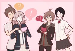 ! 2boys 2girls ahoge black_hair black_jacket black_pants black_skirt blue_hoodie blue_jacket bow bowtie brown_hair collared_shirt danganronpa:_trigger_happy_havoc danganronpa_(series) danganronpa_2:_goodbye_despair eyebrows eyebrows_hidden_by_hair eyelashes freckles galaga gaming ghostlyfield green_eyes green_hoodie green_necktie green_pants grey_eyes hair_between_eyes hand_on_another&#039;s_shoulder hand_on_own_hip hand_up handheld_game_console hetero highres hinata_hajime hood hoodie ikusaba_mukuro jacket long_hair long_sleeves looking_at_another looking_at_object medium_hair multiple_boys multiple_girls naegi_makoto nanami_chiaki neck_ribbon necktie nintendo nintendo_ds open_mouth pants parted_bangs parted_hair pink_background pink_bow pink_eyes pink_hair pink_ribbon pleated_skirt pointing ? red_bow red_ribbon ribbon shirt short_hair short_sleeves simple_background skirt speech_bubble sweatdrop teeth tongue video_game yellow_eyes zipper zipper_pull_tab