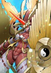 1girl abs amaterasumon bodysuit breasts claw_(weapon) colored_skin digimoji digimon digimon_(creature) gauntlets grey_hair highres horns large_breasts lion_head_(ornament) long_hair muscular muscular_female red_bodysuit red_eyes red_skin sawa_d simple_background single_horn solo sun weapon yin_yang