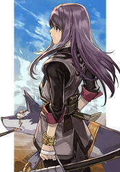 1boy black_eyes black_hair black_shirt character_request copyright_request cowboy_shot from_behind hungry_clicker katana long_hair male_focus shirt solo_focus sword weapon wolf