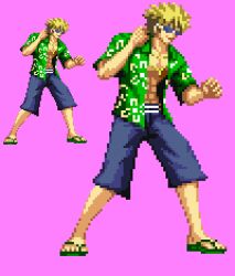 1boy abs bare_arms blonde_hair clenched_hand collared_shirt commentary_request fighting_stance floral_print full_body green_shirt grey_shorts hands_up lowres mummy-e open_clothes open_shirt pink_background pixel_art shirt short_hair short_sleeves shorts simple_background solo spiked_hair standing sunglasses toaru_majutsu_no_index toaru_majutsu_no_index:_old_testament toned toned_male tsuchimikado_motoharu