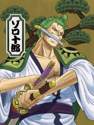 Rule 34 | 1boy, chonmage, commentary request, green hair, highres, holding, holding sword, holding weapon, japanese clothes, kimono, looking to the side, male focus, meron (meikoko drawing), one eye closed, one piece, purple sash, roronoa zoro, sash, scar, scar across eye, scar on face, solo, sword, topknot, tree, upper body, v-shaped eyebrows, weapon, weapon in mouth, white kimono, wide sleeves