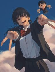 1girl :d absurdres alternate_costume black_hair black_jacket black_skirt blazer blue_background blue_sky bow bowtie button_gap chainsaw_man chinese_commentary cloud collared_shirt commentary_request cowboy_shot day derivative_work double_gyaru_v dress_shirt dust_cloud floating_hair green_eyes gyaru_v highres irasutoya irasutoya_challenge jacket long_hair long_sleeves looking_at_viewer low_twintails mitaka_asa one_eye_closed open_clothes open_jacket open_mouth outdoors outstretched_arms pleated_skirt red_bow red_bowtie reference_inset school_uniform shirt skirt sky smile solo teeth twintails upper_teeth_only v white_shirt yao_liao_wang